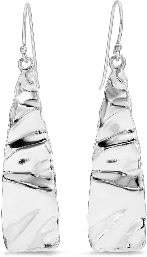 925 Sterling Silver Earrings - Tapered Wrinkle Design - Handcrafted From Israeli Artisans - Minimalist Silver Earrings, Drop Length 1.6 Inch