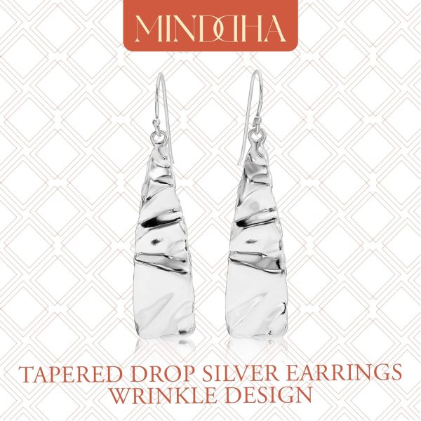 925 Sterling Silver Earrings - Tapered Wrinkle Design - Handcrafted From Israeli Artisans - Minimalist Silver Earrings, Drop Length 1.6 Inch - Image 2
