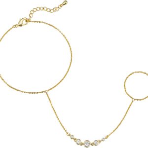 14K Gold/White Gold Plated Hand Chains Bracelet for Women | Dainty Cubic Zirconia Bracelet and Ring Chain Body Jewelry | Station, Princess Cut, Five CZ, Star Styles
