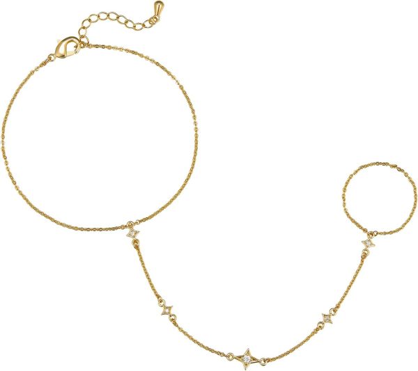 14K Gold/White Gold Plated Hand Chains Bracelet for Women | Dainty Cubic Zirconia Bracelet and Ring Chain Body Jewelry | Station, Princess Cut, Five CZ, Star Styles - Image 6