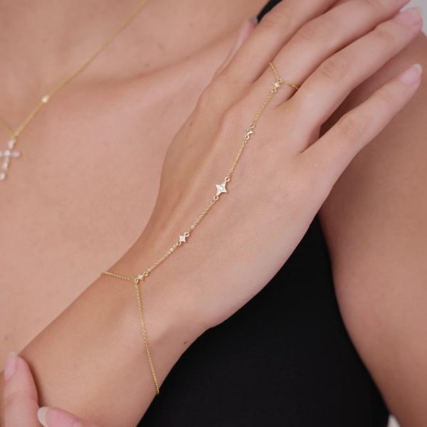 14K Gold/White Gold Plated Hand Chains Bracelet for Women | Dainty Cubic Zirconia Bracelet and Ring Chain Body Jewelry | Station, Princess Cut, Five CZ, Star Styles - Image 9