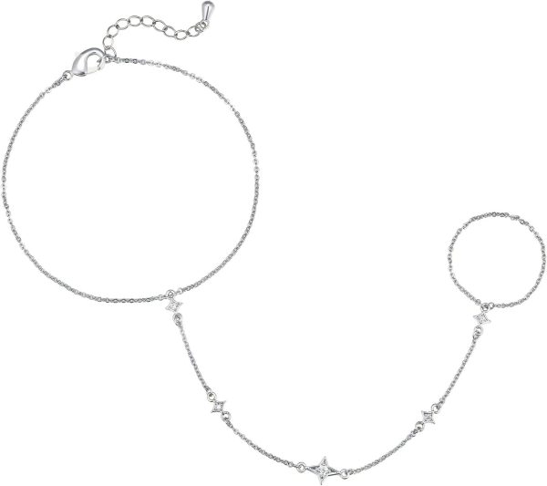 14K Gold/White Gold Plated Hand Chains Bracelet for Women | Dainty Cubic Zirconia Bracelet and Ring Chain Body Jewelry | Station, Princess Cut, Five CZ, Star Styles - Image 10