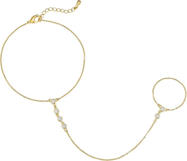 14K Gold/White Gold Plated Hand Chains Bracelet for Women | Dainty Cubic Zirconia Bracelet and Ring Chain Body Jewelry | Station, Princess Cut, Five CZ, Star Styles - Image 14