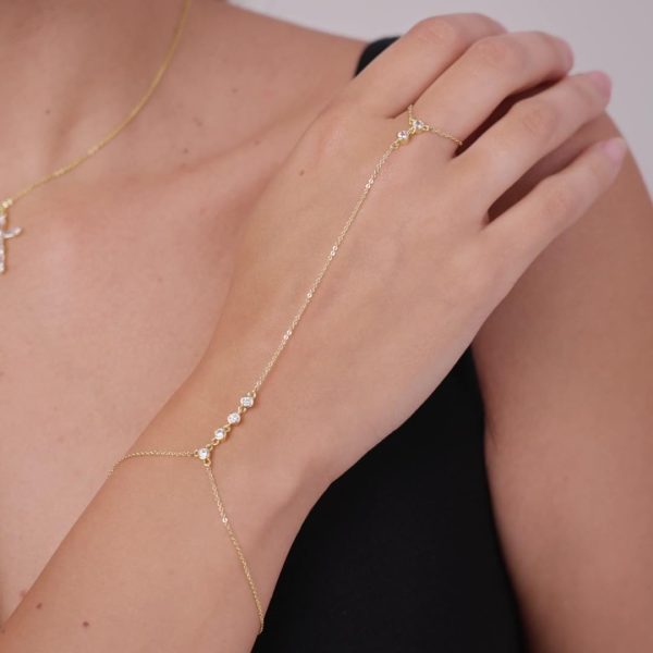 14K Gold/White Gold Plated Hand Chains Bracelet for Women | Dainty Cubic Zirconia Bracelet and Ring Chain Body Jewelry | Station, Princess Cut, Five CZ, Star Styles - Image 17